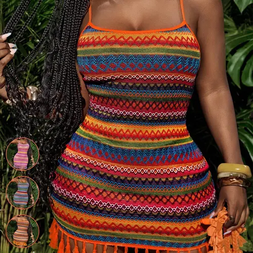 Women's Vacation Colorful Striped Fitted Fringe Mini Dress, Stylish & Comfortable Summer Dress, Perfect for Beach & Poolside Wear, Boho Beach Dresses