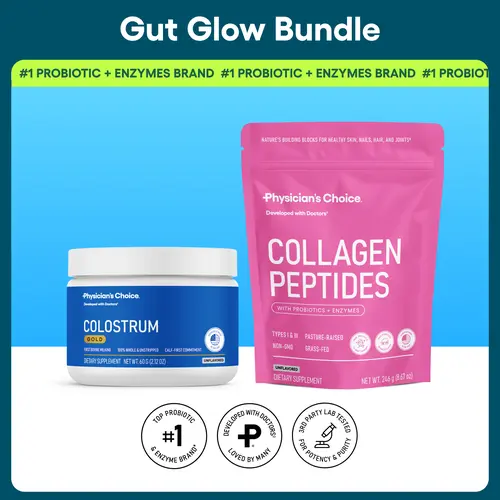 Physician's Choice Gut Glow Up Bundle: Gut, Immune, Hair, Skin & Nail Support with Collagen Peptides & Colostrum Gold Powder