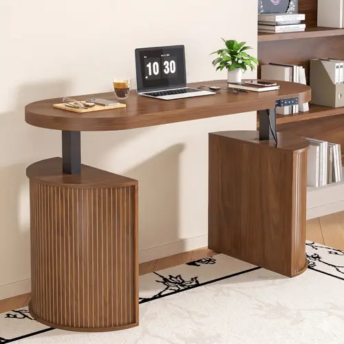 Mid-Century Modern Electric Standing Desk with Storage, 55x22 Inch Small Walnut Wood Adjustable Height Practical Desktop Stand, Sturdy Computer Desk Wood Workstation for Home Office Laptop Use, Adjustable Desks