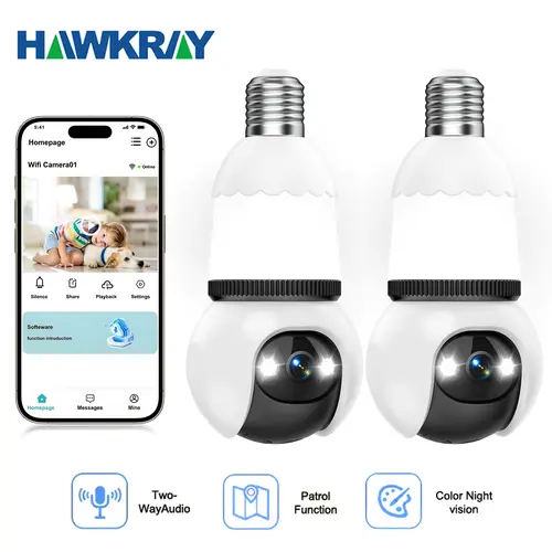 Hawkray Wireless Infrared Night Vision Digital Security Camera - Socket Installation, 360° Remote Viewing, Motion Detection, Real-Time Alerts, 2-Way Audio, Indoor/Outdoor Use, Light Bulb Cord Protection, Cameras for Home, Digital Camera