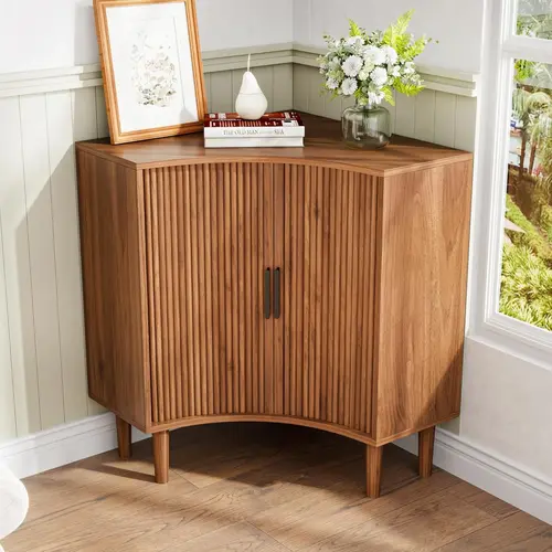 Mid-Century Wooden Fluted Corner Floor Cabinet - Sturdy Home Decor Home Organization Storage, 33x21x29in Freestanding Narrow Bedroom Storage, Sliding Doors, Adjustable Shelf, Pointed Corners, Small Space Furniture, 25kg+ Weight Capacity, Requires Assembly