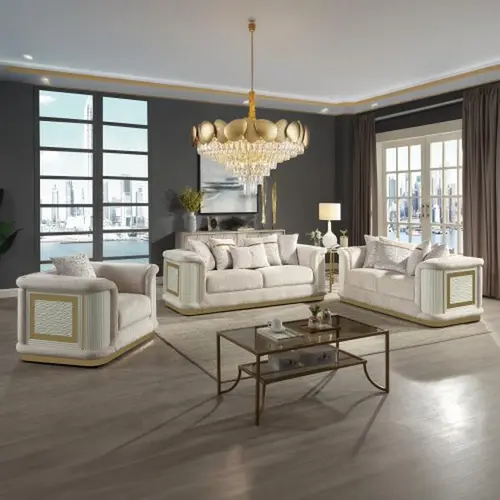Niccae Bona Contemporary Style 3-Piece Living Room Set including the Sofa, Loveseat, and Chair in cream with gold accents and diamond-textured details