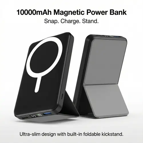 Podoru 10000mAh Magnetic Wireless Portable Charger - MagSafe-Compatible Silicone Phone Accessory, 22.5W Fast Charging, Foldable Stand, Smart LED Display, USB-C Cable-Ready for iPhone 17/16/15/14/13/12 Series, On-the-Road Travel Essential