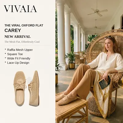 VIVAIA Square Toe Mesh Ballet Flats, Wide Feet Friendly, Tan Flats, netted flats, raffia shoes, Breathable Summer Shoes, Lightweight, Ballerina Sneakers, Travel Shoes, Comfortable Flats, Suitable for Vacations, Parties, Beach, Shopping (Carey) summerwins