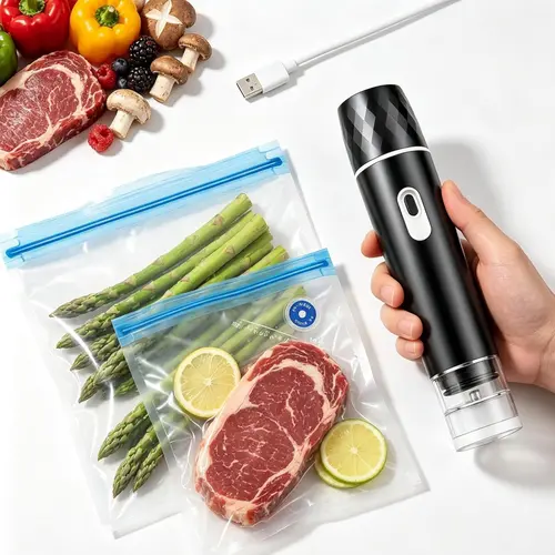 Handheld Vacuum Sealer Machine for Food Storage, 100KPA Portable Rechargeable Food Saver Pump with 10 Reusable Bags & 2 Sealing Clips, One-Touch Mini Vacuum Sealer for Meal Prep, Sous Vide, Camping & Kitchen