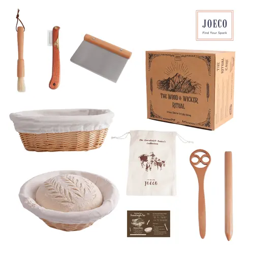 Wood & Wicker Artisan Sourdough Kit | Rustic Baking Essentials with Handwoven Wicker Proofing Baskets, Old Scottish Wooden Spurtle, Dough Whisk, Flour Brush, Bench Scraper, Bread Lame,Tool Pouch | Artisan Sourdough Bread Baking Tools for Everyday Baking