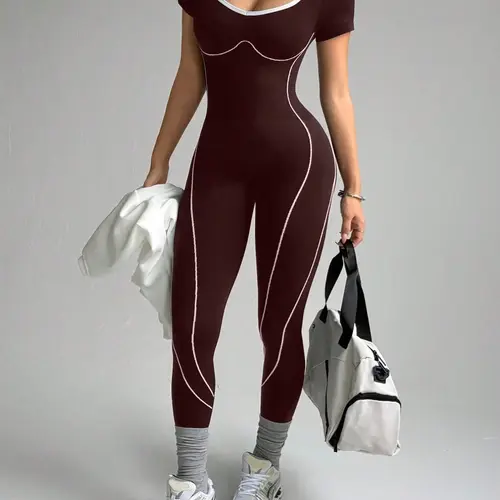 Women's Colorblock U-Neck Short Sleeve Sporty Yoga Athletic, High-Stretch Running Fitness Activewear Workout Jumpsuits, Ankle-Length, All Seasons