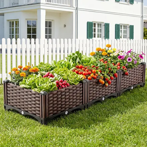 Raised Garden Bed Kit Indoor Outdoor Plastic Planter Grow Box for Fresh Vegetables, Herbs, Flowers & Succulents, Brown 46.4'' x 15.7'' x 8.46''