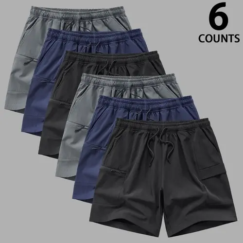Men's Khaki Oversized 6-Piece Set 1 Cargo Shorts - Menswear Essential, Loose-Fitting, Thin, Lightweight, Straight, Quick Dry, Breathable, Casual Drawstring Waist, Multipocket Loungewear for Daily Commute, Travel, Workout