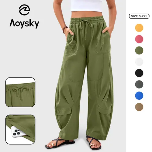 Aoysky Women's Casual Minimalist High-Waisted Loose Wide-Leg Pants with Adjustable Drawstring Waist and Pockets, Lady, Do Not Dry Clean,back to school shopping,clothes for back to school,first day of school outfits