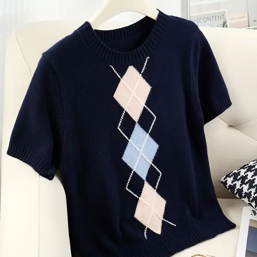 Women's Argyle Geometric Round Neck Slim Fit Knit Short Sleeve Top, Casual College Style T-Shirt, Perfect for Daily Commute Wear, Everyday