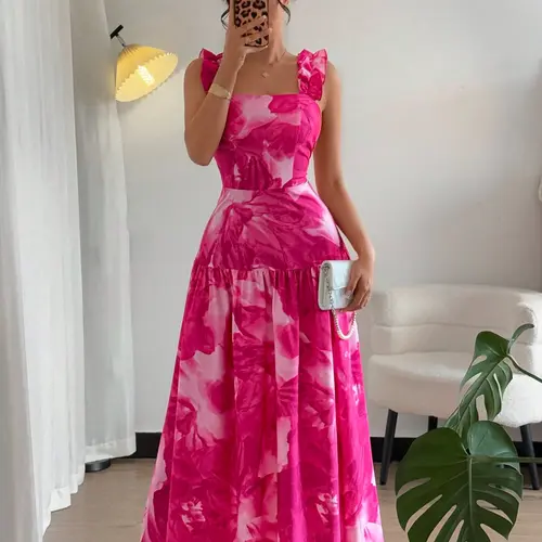 Blush Floral Print Square Neck Ruffled Strap Dress, Long Sleeveless Design, Perfect for Holidays, Weddings, Parties, Dates, Daily Wear, Dresses For Party, Womenswear