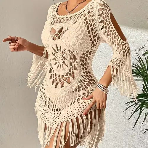 2026 New Hand-Crocheted Beach Skirt with Tassels, Hand-Crocheted Floral Hollow-Out Camisole/Beach Cover-Up