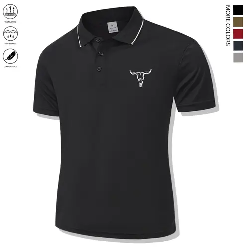 Men's Regular Fit Short-Sleeve Athletic Polo Shirt - Button-Front, Front Bull Print, Casual Everyday Menswear Top