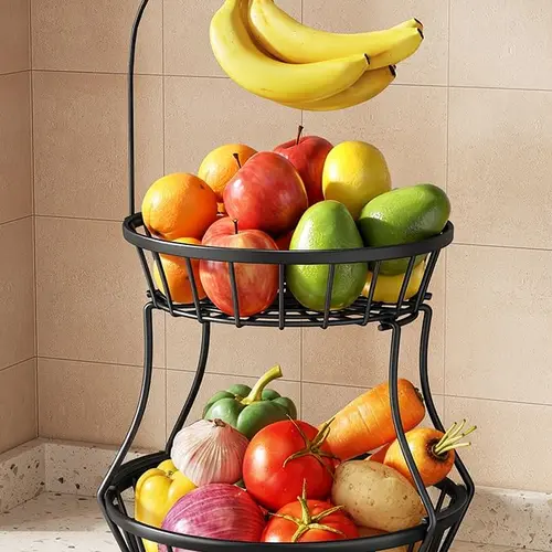 2-Tier Tall Fruit Basket Bowl Stackable Vegetable Storage with Banana Tree Hanger Stand for Kitchen Countertop, Metal Wire Basket for Bread Onions Potatoes Black