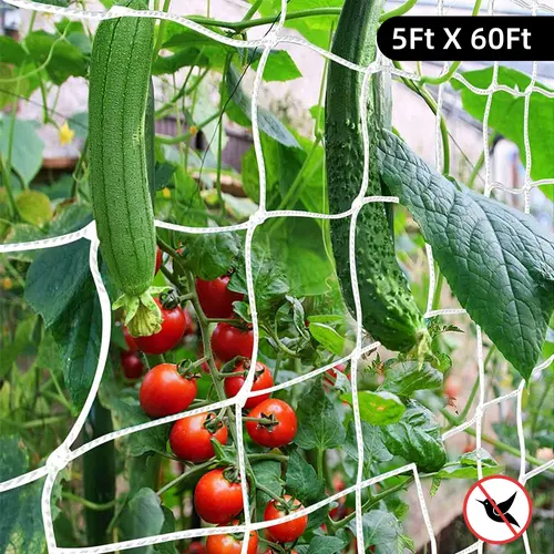 Humwam Heavy Duty Polyester Trellis Netting (5x60ft Size) - Pea & Bean Lift, Reusable Plant Support for Climbing Plants, Cucumbers, Flowers, Tomatoes, Reduces Rot Risk, Heavy Crop Hold, Outdoor Backyard Garden Supplies for Gardeners (Hang on Trees-Walls)