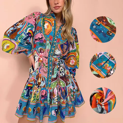Women's Bohemian Colorful Collage Print Casual Dress - Festival Wear, Long Puff Sleeves, Collared, Matching Belted Waist, Lightweight Breathable Clothes for Women, Fabric, Women's Clothes