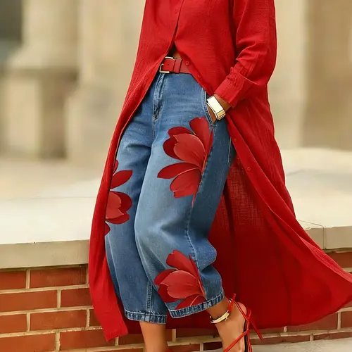 Women's Red Floral Print Cropped Jeans, Casual High-Waisted Wide-Leg Denim Jeans, Suitable For Spring, Summer And Autumn.