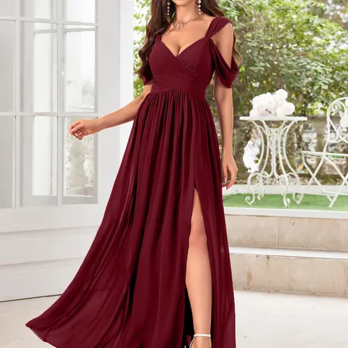 Elegant Statement V-Neck Backless Midi Dress for Women, Formal Dress, Bridesmaid Dresses, Womenswear, Flowing Chiffon Material, High Split Design, Chic, Maxi, Perfect for Bridesmaids & Special Occasions