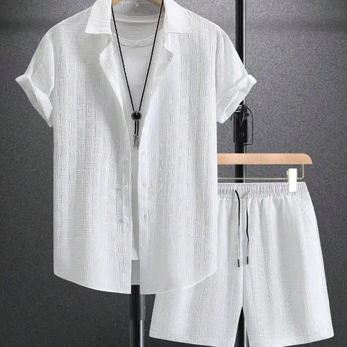 Men's Casual 2-Piece Menswear Set - Minimalist Linen-Blend Textured Button-Up Shirt, Relaxed-Fit Shorts for Summer Vacations