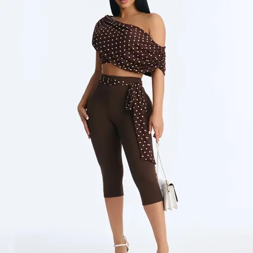 Women's Two-Piece Polka Dot Crop Top & Retro Ribbon Decor Slim Fit Capris Pants Set, Casual Chic Set, Summer Outfit Set, Aesthetic Vintage Fashion Street Style, Perfect for Vacation & Parties