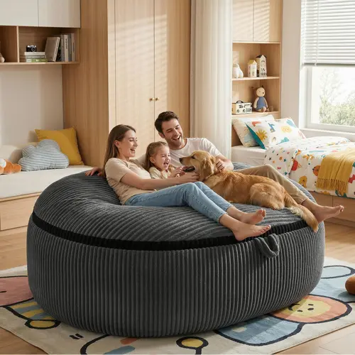 LIKIMIO 5-8FT Giant Memory Foam Beanbag Lazy Sofa - Armless Durable Apartment Furniture, Machine-Washable Removable Velvet Cover Indoor Couch for Living Room (Grey), Velvet Fabric