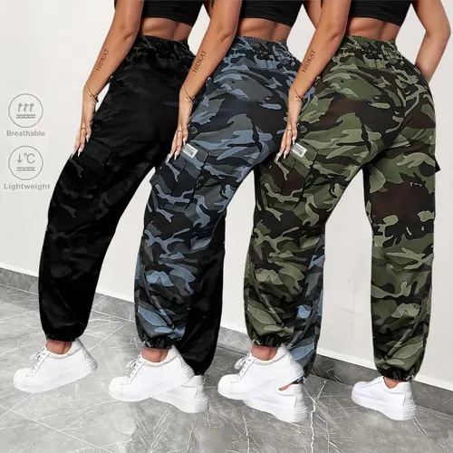 Lightweight Women Camo Multi Pocket Work Pants, Drawstring Elastic High Waist Loose Breathable Ankle Tie Casual Bottoms, Soft Thin Outdoor Sports Camouflage Trousers, Versatile Daily Commute Womens Wear