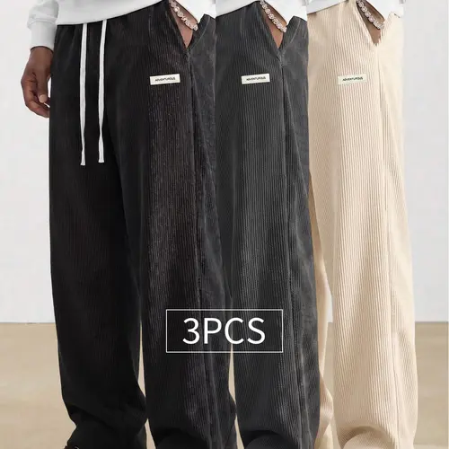 3-pack American vintage corduroy straight-leg men’s pants—trendy, versatile brown casual long pants with a drawstring waist and loose fit; minimalist, stylish men’s bottoms suitable for everyday wear and sports.