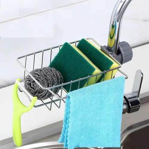 Adjustable Detachable Sponge Holder, Soap Kitchen Sink Drain Rack，Rustproof Stainless, Towel Hook Bathroom Universal,Kitchen Sink Faucet Organizer