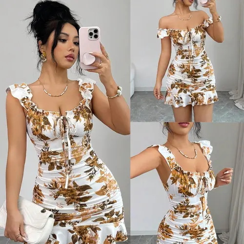 Women's Vintage Floral Print Ruffled Hem Bodycon Fit A-Line Dress, Elegant Sexy French Waist Formal Cocktail Summer Dress, Chic Evening Gown, Elegance