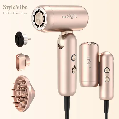 StyleVibe Pocket Hair Dryer, Dual Voltage Blow Dryer with Diffuser, 110,000 RPM High-Speed Ionic Hairdryer for Smooth, No Heat Damage, Lightweight, Quiet, Compact Portable,  100–240V Global Travel