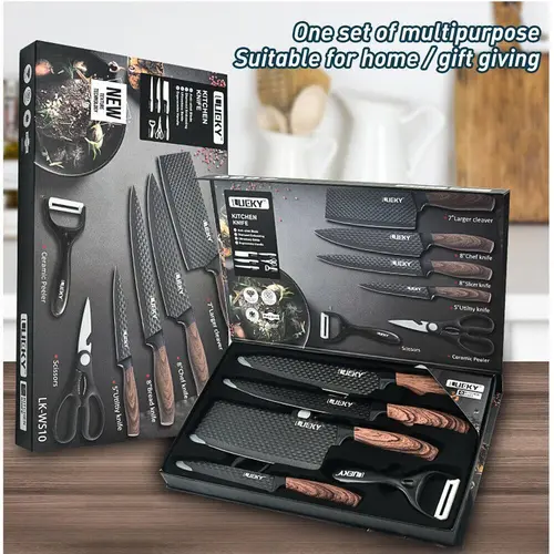 6-Pc/7-Pc High Carbon Stainless Steel Kitchen Knife Set with Wooden Handle, Ultra Sharp Kitchenware Cutting Utensils, 6-Pc Task Set Including Scissors & Peeler, Gift Box Packaging #DealsForYouDays