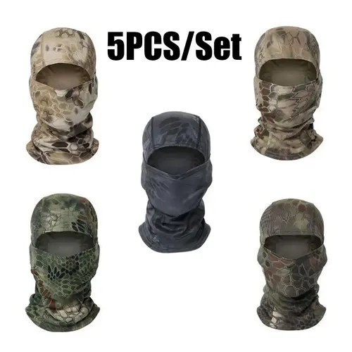 5-Pcs Set Tactical Camouflage Balaclava Face Masks for Adults, 100% Polyester Protective Gear, Motorcycle Helmet Liner, UV Protection, All-Season Bandana, Biking/Motocross/Climbing Accessories, One Size Fits All