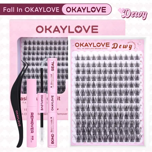 OKAYLOVE Wet Look Lash Cluster Kit - Wispy Lash Extensions False Eyelashes & Adhesives Bundle with Waterproof Long-Lasting Bond, Seal, Tweezers, Remover for Easy DIY Home Application (Natural-Looking, Accessories-Included)