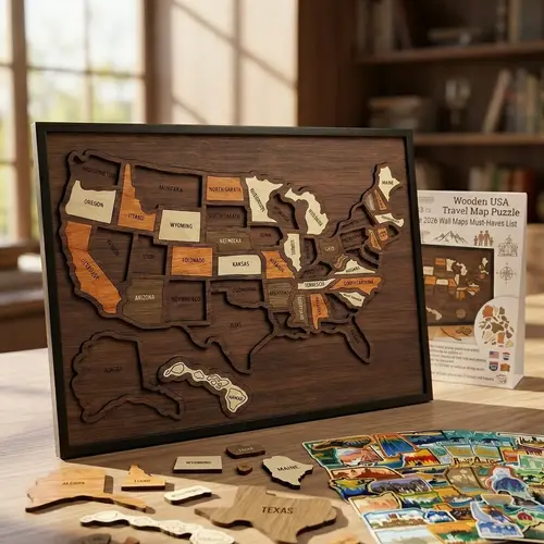 Camdoor Wooden USA Travel Map Puzzle - Vintage Room Decor & Wall Decorations, Funky Home Decor, Whimsical Boujee Home Accessories, Oddities Home Decor Gift for Couples & Families (12x10")
