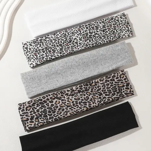 5pcs Women's Leopard Print Striped Stretchy Workout Sports Headbands, Soft Elastic Durable Sport Yoga Running Spa Hair Bands, Unisex Fashion Hair Accessories