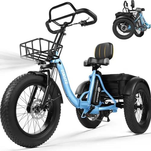 ESKUTE T300 Pro Adult Step-Thru Foldable Electric Tricycle - 1200W Peak, 48V 20.8Ah Removable Battery, 80Mi Range, Fat Tires, Adjustable Butterfly Bar, Cargo Basket, Storage Bag, Bell, Casual Bike for Commuting, Battery Key*1, Charger*1, Headlight*1, Casu