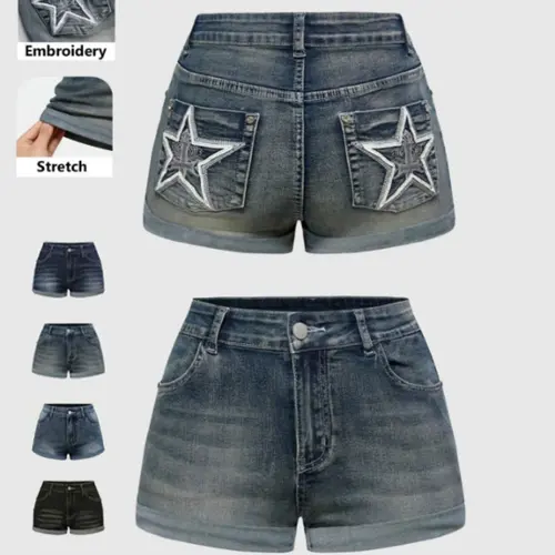 Women's Star Geometric Embroidered High-Waist Stretch Denim Summer Shorts, Aesthetic Street Style Jean Shorts for Outdoor Wear