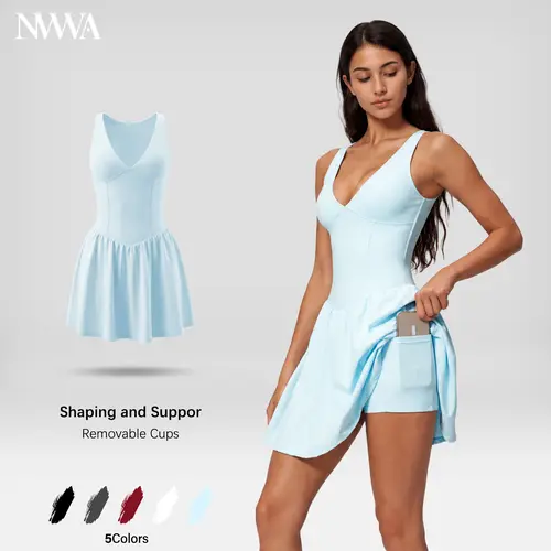 NVWA Women's Quick Dry Athletic Dress - Summervibes, Sexy V-Neck, Strappy Sleeveless, Slim Fit, Fitted Waist, Open-Back, Soft Stretch Nylon Fabric, Cooling, Figure-Flattering, Arm-Showing Straps, for Sports, Casual Wear,back to school,back to school haul