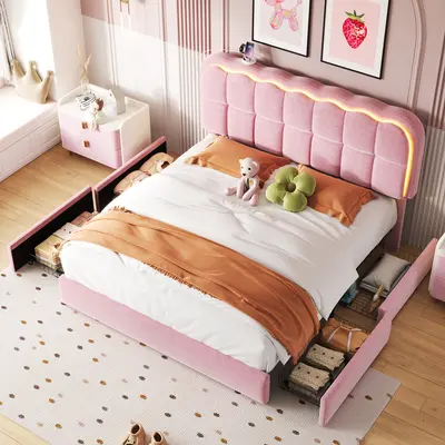 Full Size Upholstered Bed Frame with 4 Drawers and Headboard, Velvet Platform Storage Bedframe, Wooden Slats Support, No Box Spring Needed Bed Unit