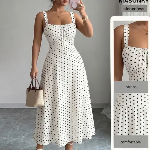 Plus Size Women's Dress, Fitted Casual Polka Dot Design, Strappy Sleeveless, for Summer All Seasons, Casual Dress Style, Stylish Dress for Ages 18-44, Womenswear