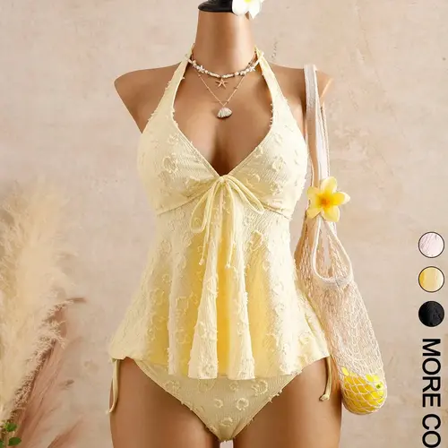 2-Piece Spring/Summer Women’s Halter Bowknot Tankini Set, Textured Floral Tie-Front Flowy Fashion Tankini Swimsuit, Boho Coquette Style Swimwear for Beach Vacations and Pool Wear Tankini Beachwear