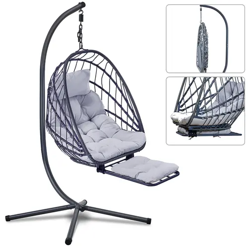 #Summervibes BROTTAR Hanging Egg Chair with Leg Rest and Stand – Rattan Wicker Swing Hammock Chair, UV-Resistant Cushion, Heavy-Duty Frame for Indoor & Outdoor Patio, Bedroom, Balcony, Garden – 330 lbs Capacity(Grey)