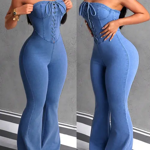 High-Waisted Denim Bell Bottom Fitted Jumpsuit, Bustier Design, Belted Waist, Perfect for Casual Wear, Stylish and Comfortable Jumpsuit, Womenswear, Street Fashion Jumpsuit