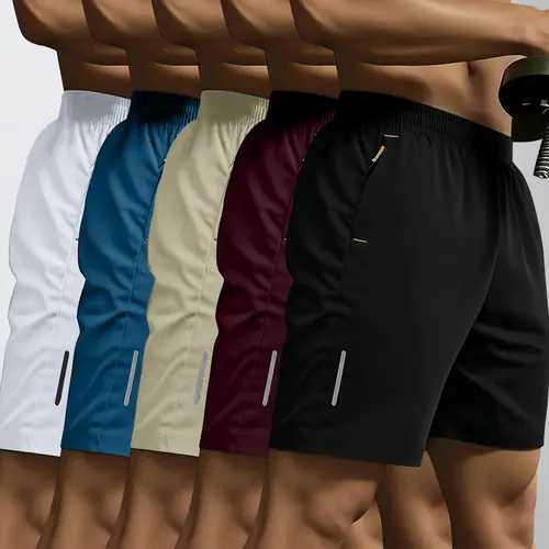 Men's 5-Pack Loose-Fit Mid-Waist Ice Silk Quick-Dry Activewear Shorts, Drawstring Adjust Waist, Zippered Pockets, Knee-Length Korean-Style, for Outdoor Casual Sports & Fitness, Beige