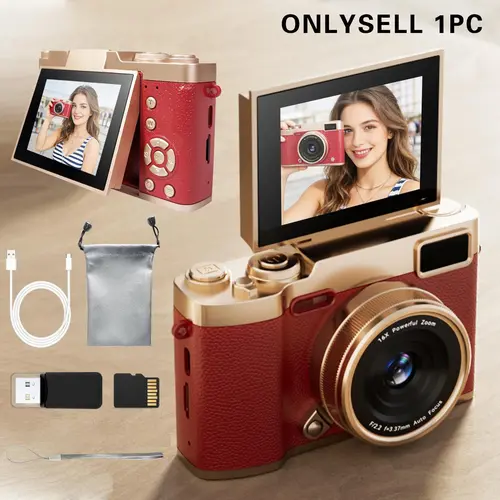 2.4-Inch Flip Screen Selfie Camera, Digicam with Flash and Filters, Portable Pocket Digital Camera for Beginners, Ideal for Short Videos and Travel, Point-and-Shoot