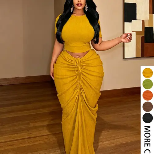Plus Size Two-Piece Women's Set, Ribbed Short Top & Drawstring Pleated Skirt, Sexy Slim Fit Party Evening, Curvy Friendly Fashion
