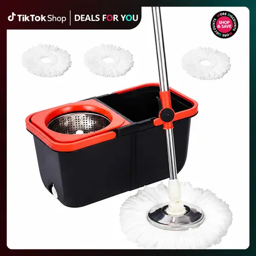 Mop Bucket Set with 360° Spin Mop and Bucket System 3 Microfiber Heads 49In Adjustable Handle，Handle Efficient Cleaning Supplies Mop Replacement Set