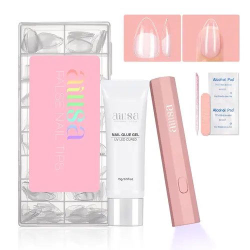 AILLSA Press On Nail Kit (Beauty Products) - Full Cover Pre-Filed Tips, 15g Strong Solid Glue Gel, Handheld UV LED Nail Lamp, Smooth Clean Base, Quick Curing On the Go for DIY Extensions