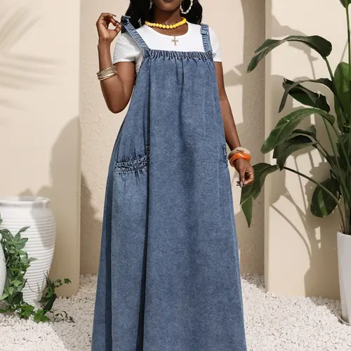 Women's Washed Denim Long Dress, Casual Wear Large Pocket Loose-Fit Sleeveless Summer Dress